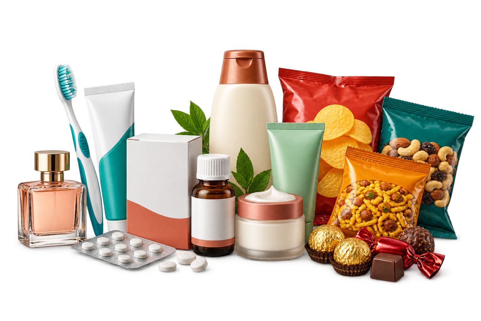 Assortment of unbranded everyday pharmacy, personal care and packaged food products